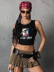 STAR TREK X SHEIN Camiseta sin mangas casual y cómoda de verano para mujer, color negro, con gráfico de cohete y letras en inglés