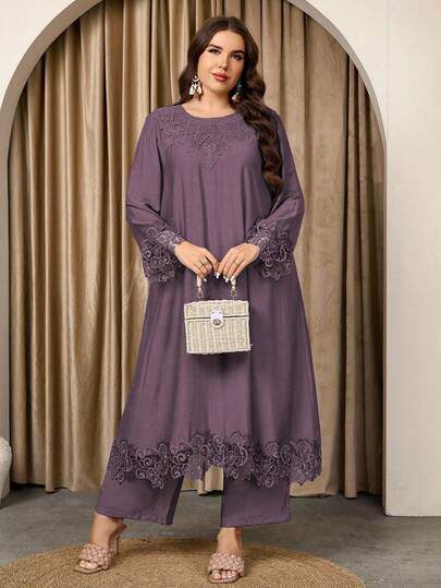 Graceveil Conjunto de top de manga larga de cuello redondo y pantalones rectos con parches de encaje, holgado y casual de alta gama, cómodo y de talla grande para mujer