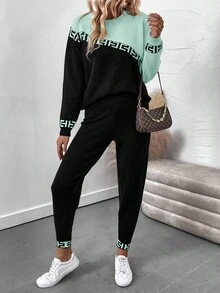 EMERY ROSE 2 件套女士拼色几何印花长袖毛衣上衣和裤子套装女士运动服女士运动裤套装女士慢跑套装女士舒适套装女士长袖套装 - 藍色 - 查看 6