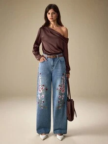 Selenza Jeans anchos casuales y holgados con bordado floral para mujer - Azul - Ver 7