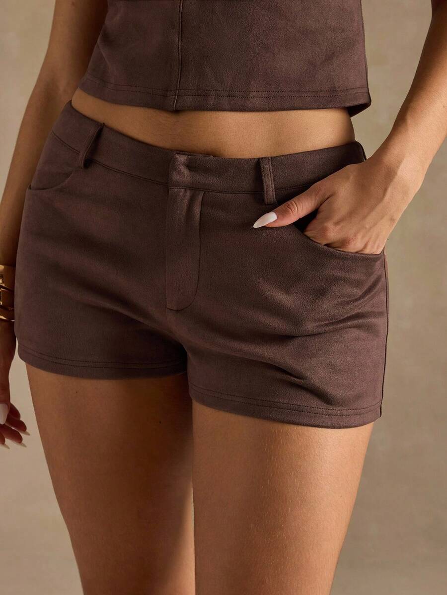 SHEIN BAE Quần short bó cạp thấp màu trơn dành cho nữ - Cà phê nâu - Xem 1