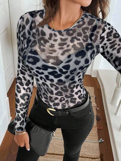 Easowa Crew Neck Vintage Leopard Print Tight Mesh Fabric Casual Commute Elegant Outerwear Top For Women, Autumn/Winter Leopard Print Top Animal Print Top Long Sleeve Mesh Top Sheer Long Sleeve Top Leopard Mesh Top