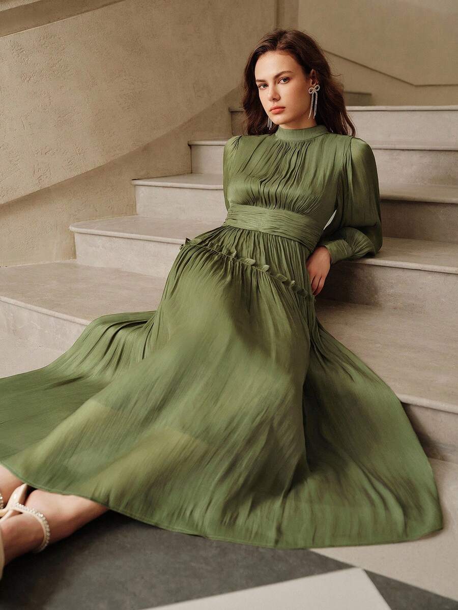 Savoree Unique Shiny Fabric Puff Sleeve Waist Patchwork Maxi High Waist Dress - Olive Green - View 1