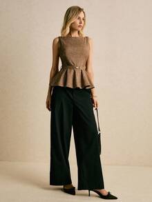 Poéselle Women's Fashionable Brown Boat Neck Belted Sleeveless Top,Brown Top ,Chic Blouses For Women ,Going Out Tops ,Christmas For Women ,New Year Women's,Old Money,Elegant Women,Classy For Women,Fall/Winter - Brown - View 4