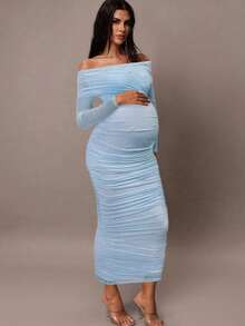 MaterniChic Women's Elegant Light Blue Open Shoulder Pearl Ruched Slim Fit Maternity Maxi Dress,Summer Pregnant Photoshoot Dress,Bump Friendly Bodycon,Maternity - Blue - View 6