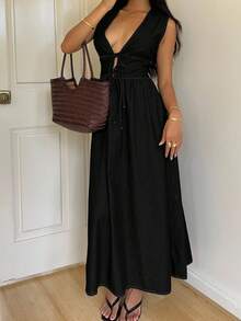 Siren Gaze Vestido vaquero sin mangas con cordones en la cintura, casual de verano para mujer