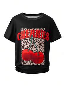 2pcs/Set Tween GirlsCasual Outfit, Round Neck T-Shirt & Comfortable Shorts, Cute Cherry & Leopard Print Pattern