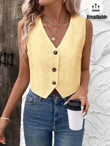 SHEIN LUNE Butter Yellow Spring Embroidered Romantic Date Women's Shirt With Vest - Yellow - View 5