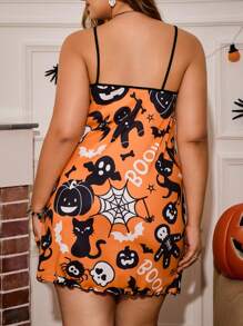 Miss Vinta Camisón de talla grande con estampado de calabaza y fantasma de Halloween, contraste de color, pijama de Halloween, disfraz de Halloween para fiesta, pijama de Halloween talla grande, vestido de pijama de Halloween talla grande, vestido de pijama talla grande