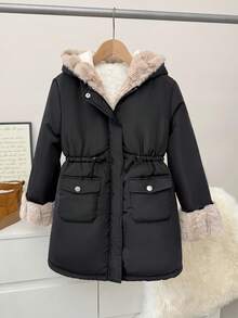 SHEIN 青少年女孩休闲棉衣，带保暖衬里，撞色蓬松装饰兜帽，腰部抽绳，口袋，中长款，黑色，适合秋冬季 - 黑色 - 查看 13