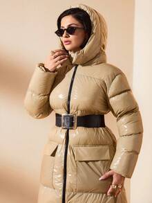 EURMUSE Chaqueta casual con capucha de invierno para mujer, de unicolor, de manga larga, con cremallera y bolsillo delantero - Caqui - Ver 4