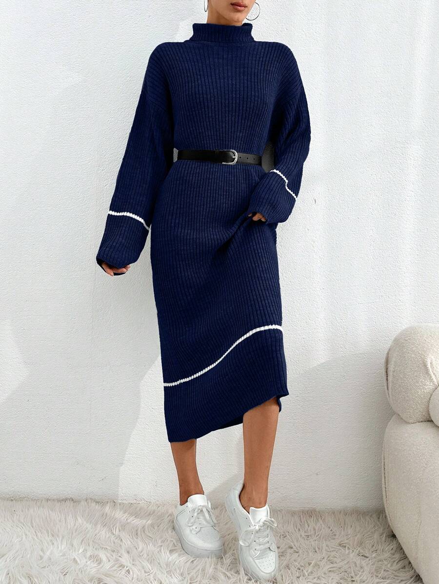 EURMUSE Women's Casual Drop Shoulder High Neck Ribbed Contrast Color Knitted Sweater Dress, Autumn,Winter Dresses - Navy Blue - View 1