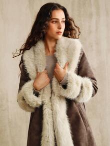 Anewsta Women's Long Faux Fur Collar PU Composite Fur Jacket - Brown - View 4