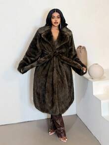 Maweii Große Größen Damen Locker Retro Mode Lässig Elegant Batik Taillengürtel Kragen Langarm Maxi Kunstpelz Mantel, Herbst/Winter - Kaffeebraun - Übersicht 5