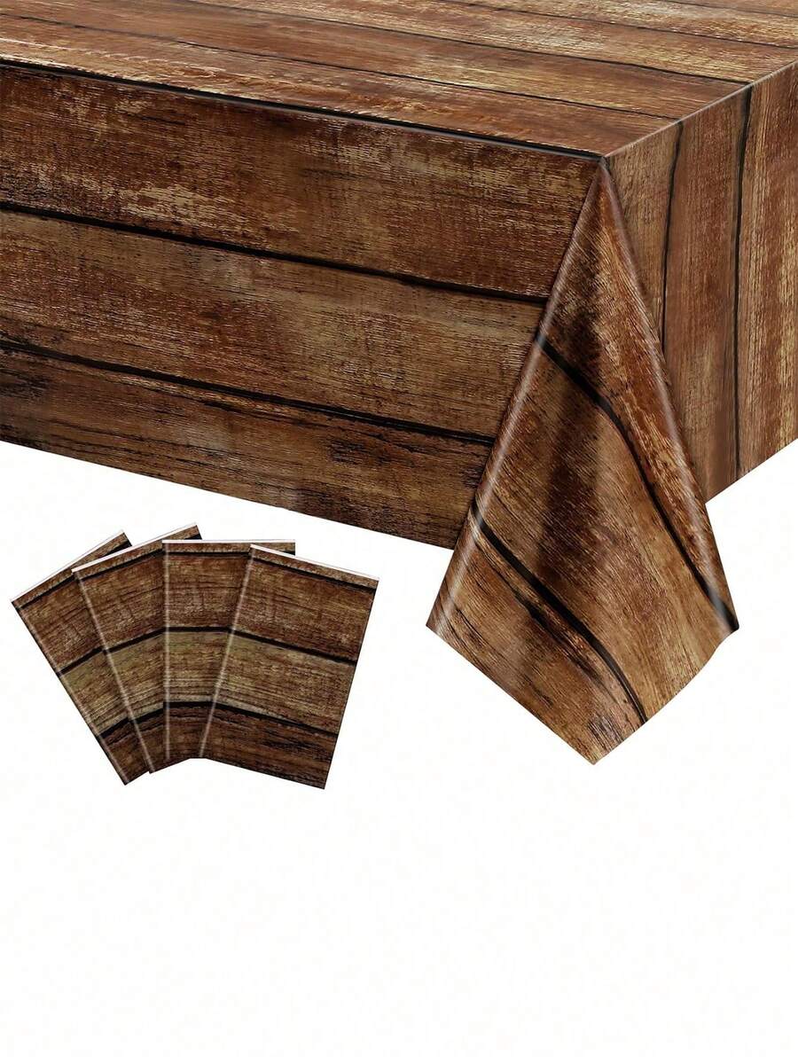 SHEIN 1/2/4/6/8pcs Brown Wood Grain Tablecloths Rustic Plastic Table Covers For Rectangle Table, Vintage Farmhouse Tablecloth Decorations For Western Barn Birthday Wedding(54 X 108 Inches) - Brown - View 1