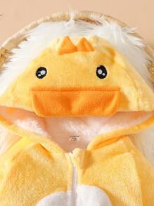 SHEIN Baby Autumn/Winter Plush Thickened Hooded Romper, Cute Duck Design Outerwear Fall