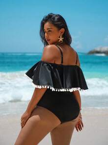 Swim Vcay Plus Size Summer Vacation Ruffled Ruffle One-Piece Swimsuit - Black and White - View 2
