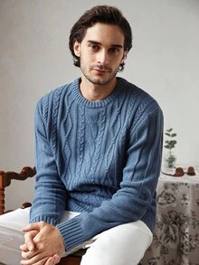 Manfinity CityGents 男士休闲针织圆领长袖毛衣，秋冬男士麻花针织毛衣蓝色毛衣