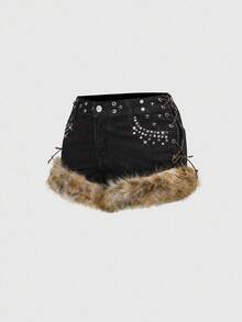 ROMWE Grunge Punk Y2K Kpop Baddie Skull Studded Frayed Super Low Rise Mini Super Low Waist Denim Shorts - Black - View 5