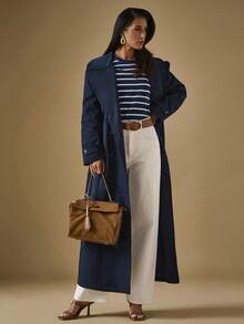 Briarwyn 女士时尚休闲纯色双排扣长款风衣 - 藏蓝色 - 查看 7