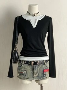 SHEIN EZwear Camiseta de manga larga casual de mujer con parches de colores contrastantes, para otoño/primavera