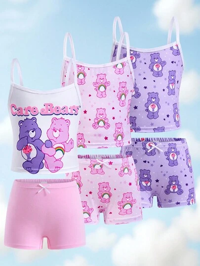 SHEIN X Care Bears Set med tecknat björnmönster och shorts för unga flickor