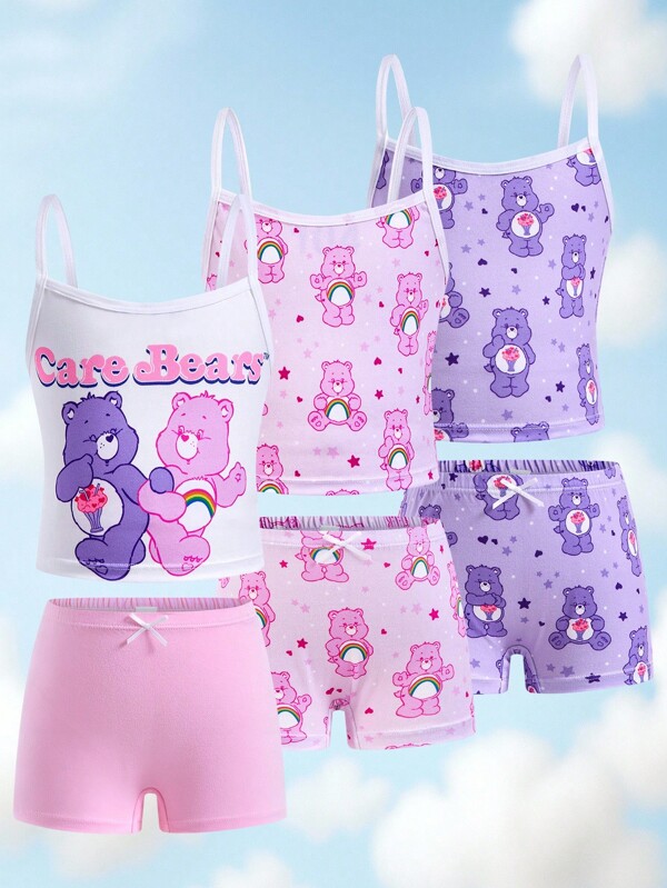 SHEIN X Care Bears 6pcs/Set Young Girl Cartoon Bear Print Cami Top & Shorts Lingerie Undershirt Set , Kawaii,Y2K,Cute,Sweet
