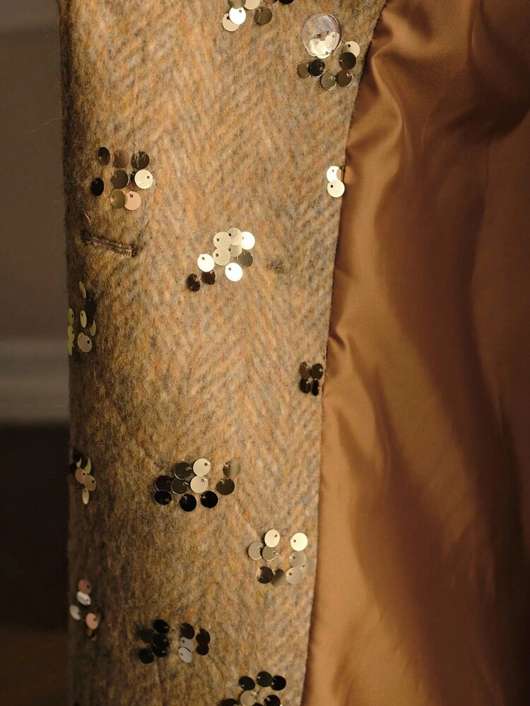 EMBELLISHED SEQUIN LAPEL COLLAR THICK HIGH-END OVERCOAT