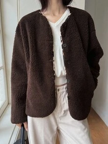 DAZY Cardigan oversize con bottoni in morbido tessuto, giacca da donna per autunno/inverno - Castano - Visualizzare 3