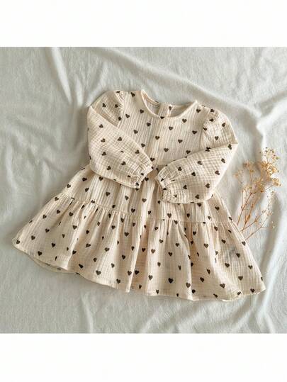 Loomiva Baby Girl Heart Pattern Round Neck Long Sleeve Waist Dress Baby Heart Dress Cream Baby Dress Beige Baby Dress Baby Girl Dress Beige Toddler Heart Dress Fall Winter