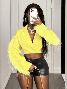 BamGleam 羽毛装饰短款宽松西装外套 - 黃色 - 查看 7