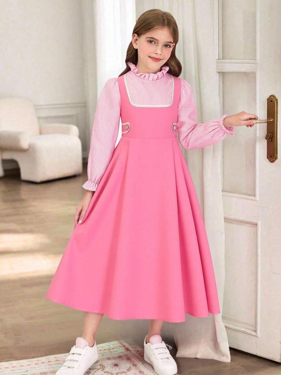 Váy maxi 2 trong 1 viền ren hoa thanh lịch cho bé gái, cổ áo cài nút, khóa kéo sau lưng, cúc hoa ở eo, tay bồng, thích hợp để đi mua sắm, đi nghỉ, du lịch, có thể kết hợp với áo khoác, áo vest, trở lại trường, trang phục mùa đông cho trẻ em - Hồng - Xem 1