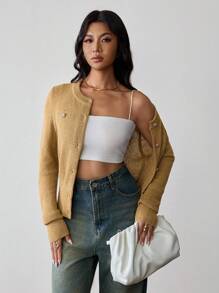 Rafferiza Cárdigan de manga larga de punto de diseño versátil y casual para mujeres - Caqui - Ver 6