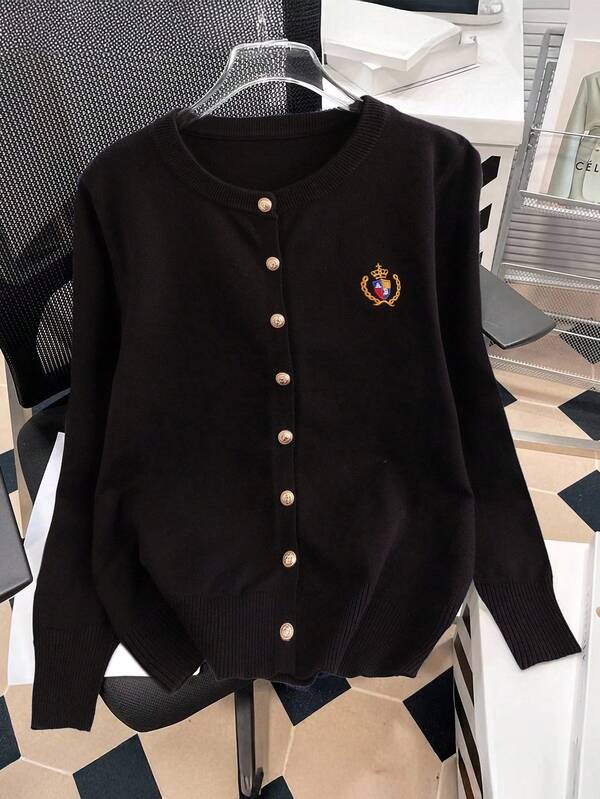 Regalyn Plus Size Casual Versatile Simple Badge Embroidered Cardigan Fall Winter Cloth For Women Autumn