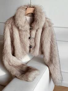 Comfortcana 女士秋冬优雅纽扣式人造毛皮大衣 - 卡其色 - 查看 1