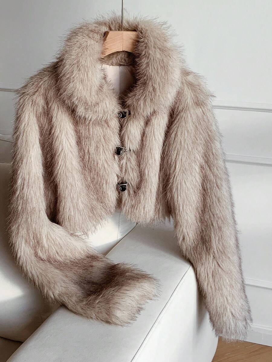 Comfortcana 女士秋冬优雅纽扣式人造毛皮大衣 - 卡其色 - 查看 1