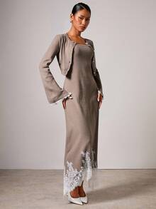 COSMINA 女士无袖蕾丝边针织连衣裙和开衫两件套 2 件套连衣裙搭配开衫套装 秋冬优雅 2 件套 - 棕色 - 查看 6