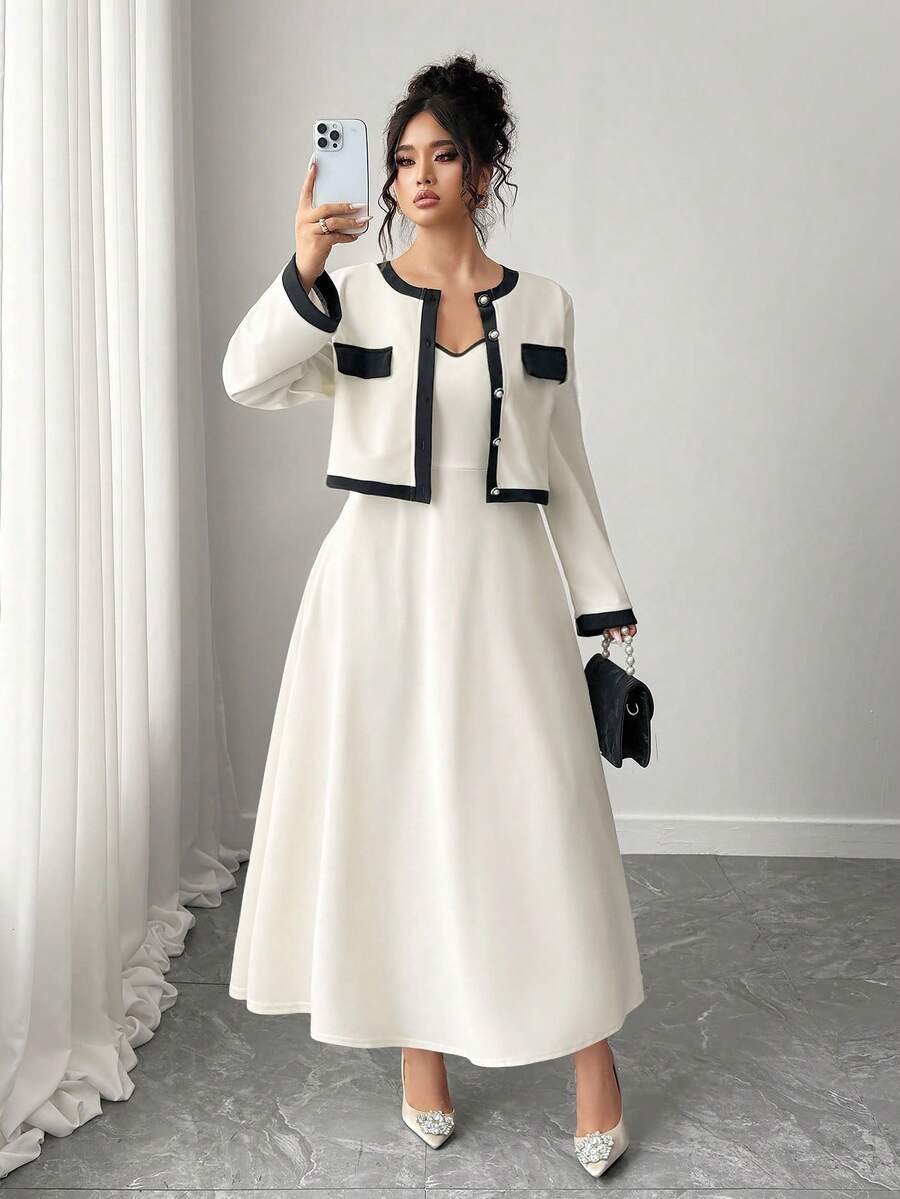 Elenzga Never Out Of Style, Kooky Elegance Collection (Woe Is Me Vibes)(Wednesday Aesthetic) Elegant Midi Slip Dress With Flowy Skirt, Cardigan Short Jacket, 2 Pieces Fashion Set, New Women's Outfit For Autumn/Winter Fall Cloth For Women