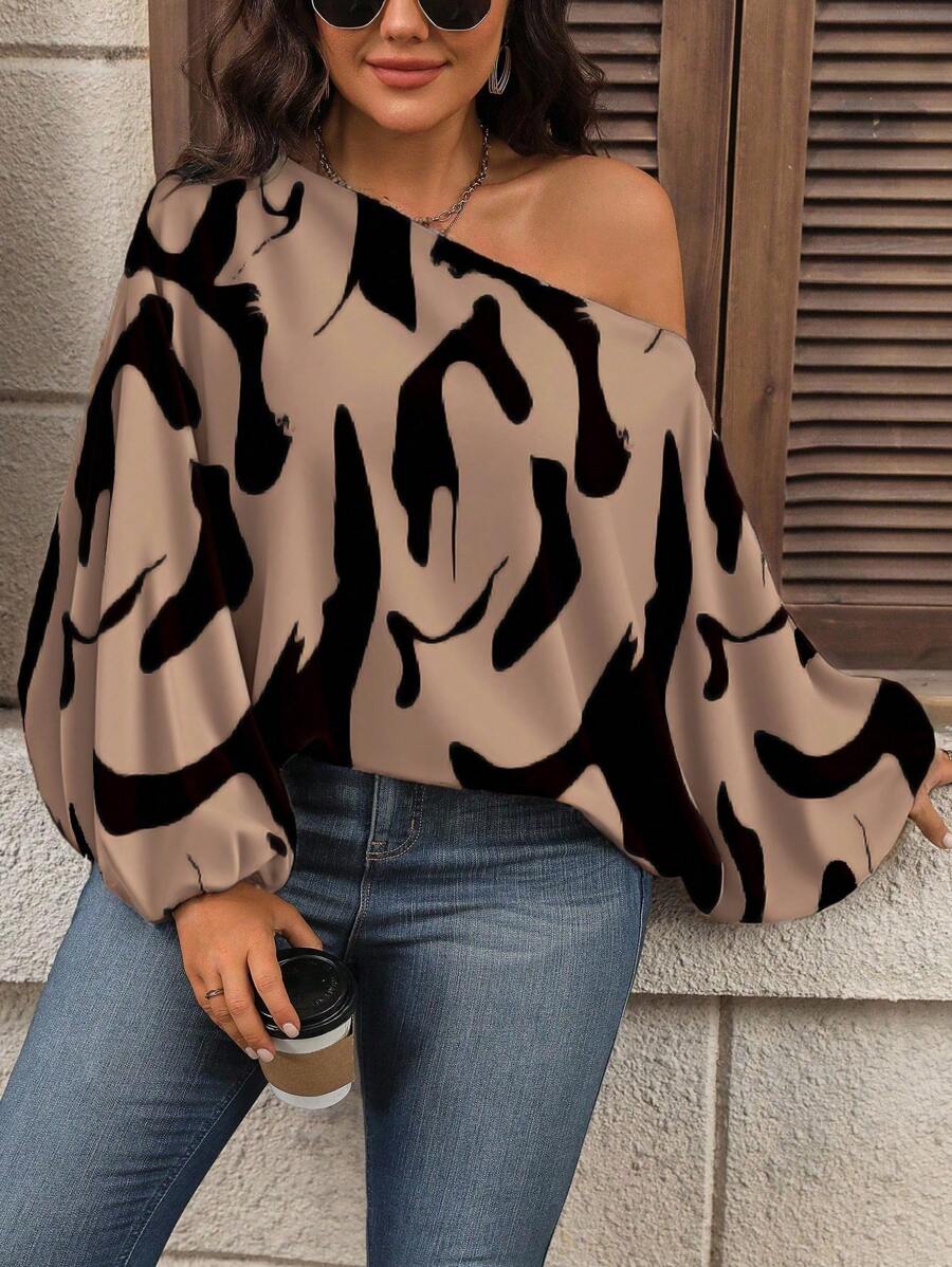 EMERY ROSE 大码女式休闲优雅全身印花不对称领蝙蝠袖宽松衬衫 - 彩色 - 查看 1