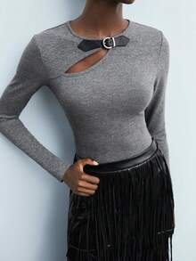 Maija Grey & Black Asymmetric Hollow-Out Leather Decor Design Casual Fitted Top For Women, Versatile,Fall For Women,Halloween,Chic Top Saudi National Day Casual Top For Women Party Office For Women Casual Tops For Women Grey Top Cut Out Top Grey Tops For Women - Dark Grey - View 8