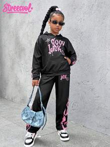 SHEIN Explorewe Tween Girl Letter Print Hoodie And Pants Set - Black - View 1