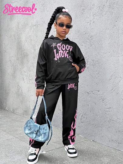 SHEIN Explorewe Tween Girl Letter Print Hoodie And Pants Set