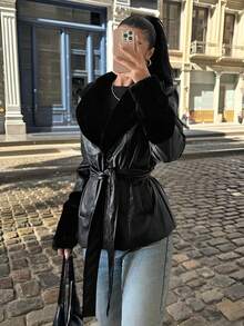 SHEIN Tween Girl Solid Color Long Sleeve Casual Oversized Collar PU Patchwork Fleece Drawstring Waist Jacket Coat (2 Piece Set Sold Separately), Autumn/Winter Outerwear, PU Jacket Coat Mommy And Me Matching Outfits - Black - View 8