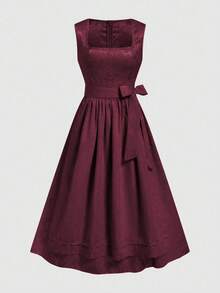 Fairmaia German Traditional Elegant Jacquard Collar Self-Tie Belt Flared Hem Dress For Women, Halloween - Burgundy - View 1