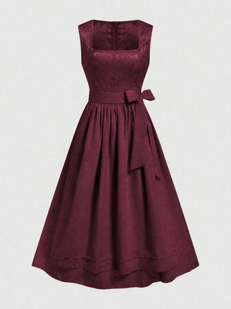 Fairmaia German Traditional Elegant Jacquard Collar Self-Tie Belt Flared Hem Dress For Women, Halloween
