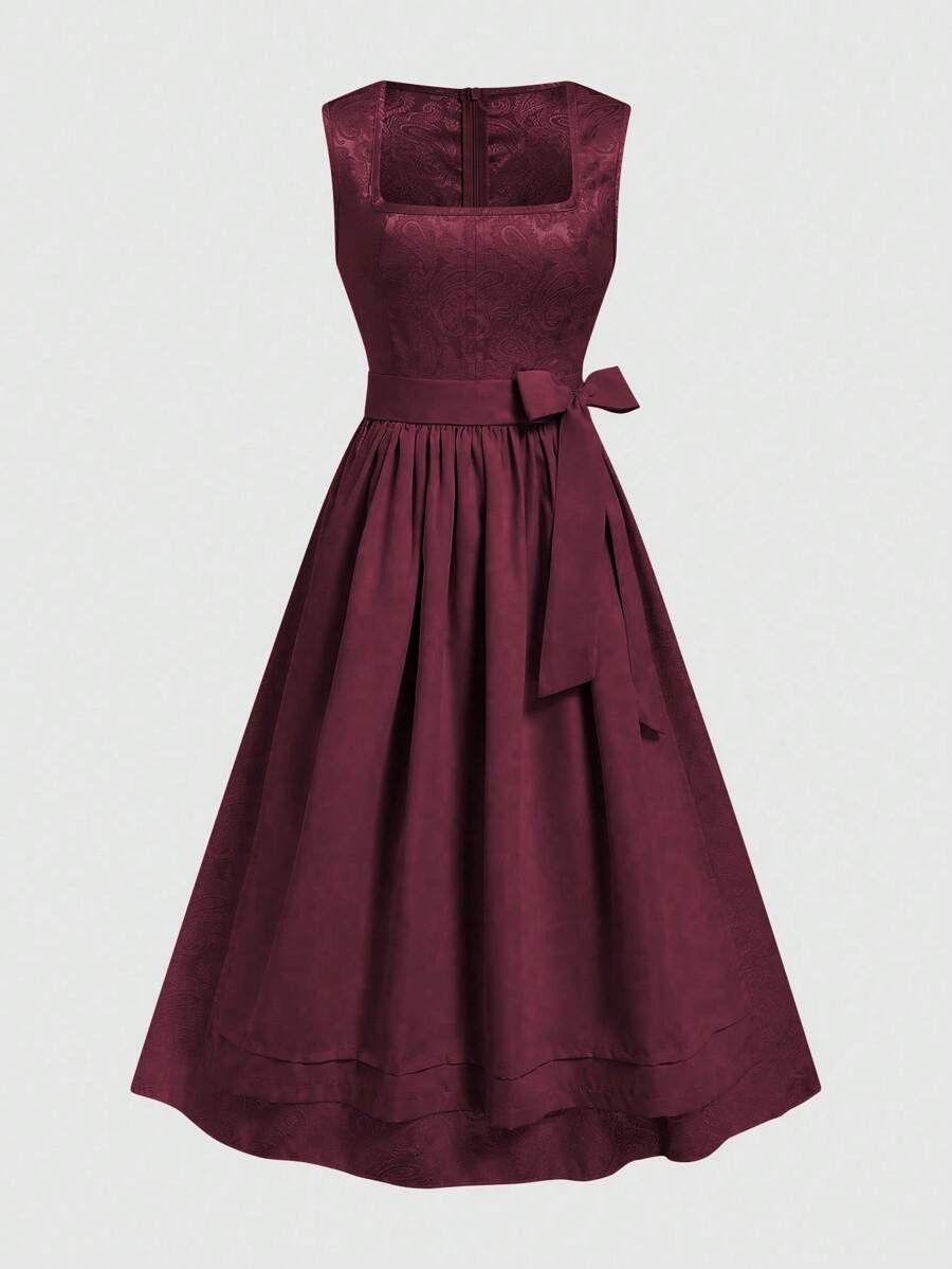 Fairmaia German Traditional Elegant Jacquard Collar Self-Tie Belt Flared Hem Dress For Women, Halloween - Burgundy - View 1