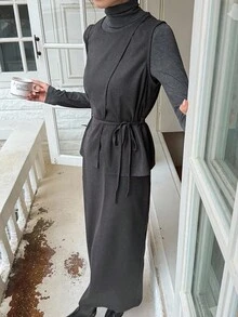 DAZY 女式无袖拼布圆领上衣/背心和直筒裙两件套休闲套装 - 深灰色 - 查看 5