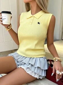 Modelyn 女式夏季休闲刺绣黄色针织背心 - 黃色 - 查看 3