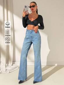 High Waist Wash Detailed Slant Pocket Casual Flare Jeans Jeans Wide Leg Low Rise Jeans Y2k Flared Jean High Waisted Jeans