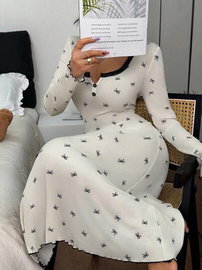 SHEIN 蝴蝶结印花蕾丝边长袖睡裙，秋冬款
